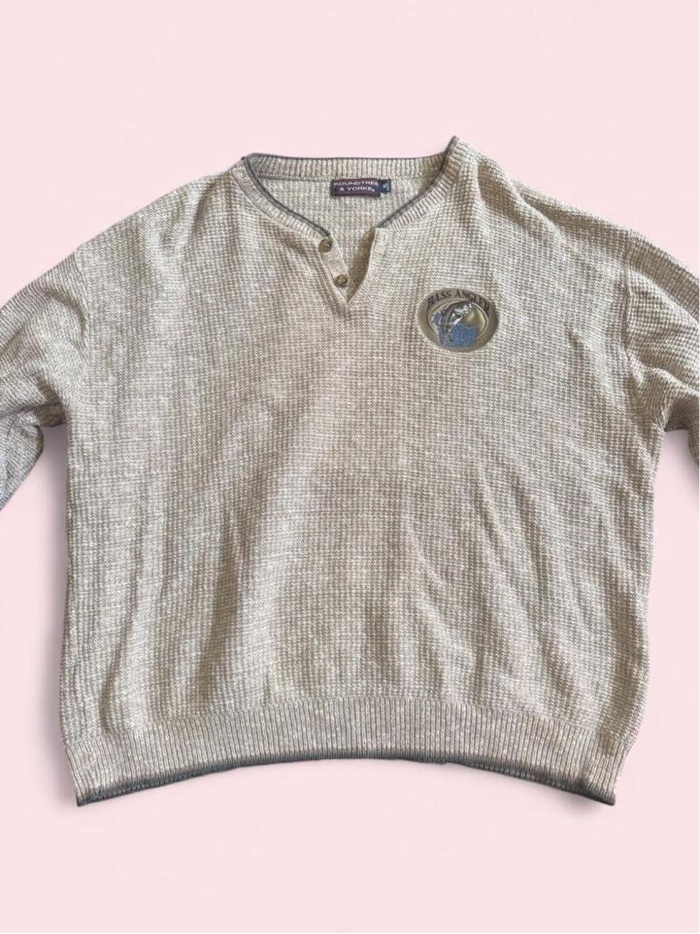 Roundtree & Yorke Cream Henley Waffle-Knit V-Neck Sweater